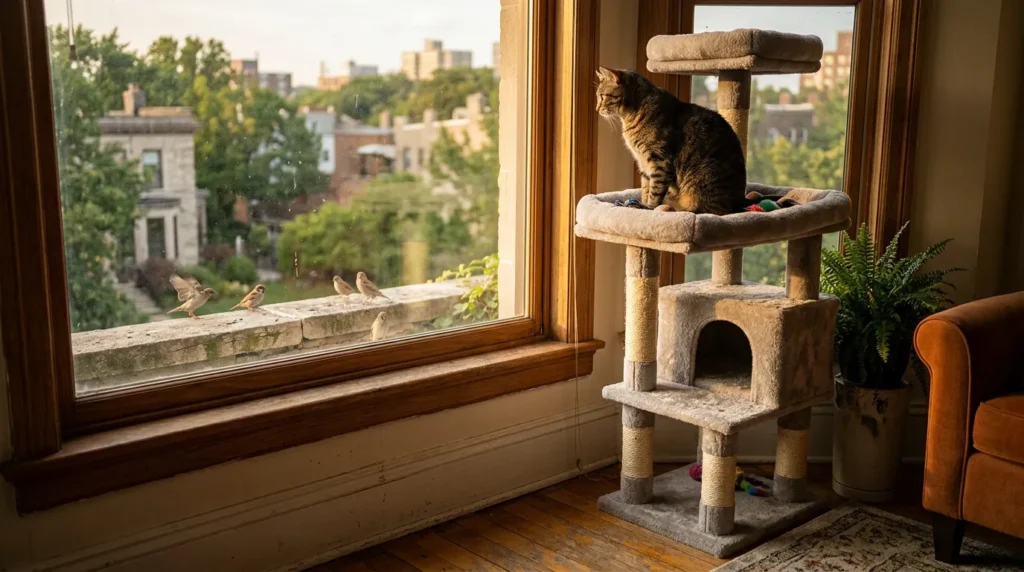  cat tree placement small apartment window — cat on tree at window level watching birds outside apartment window
