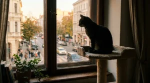 cat tree window placement small apartment — cat silhouetted on tree perch watching outdoor activity through apartment window 