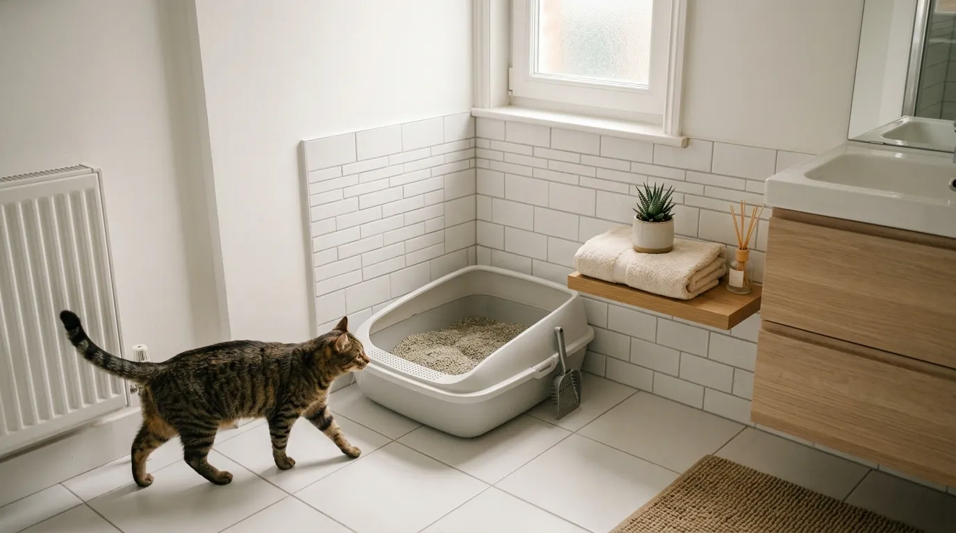 where to put litter box in small apartment — clean open litter box tucked neatly in a quiet bathroom corner of a small modern apartment