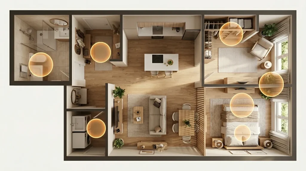 where to put litter box in small apartment options — diagram showing 8 apartment locations including bathroom closet corner and under furniture