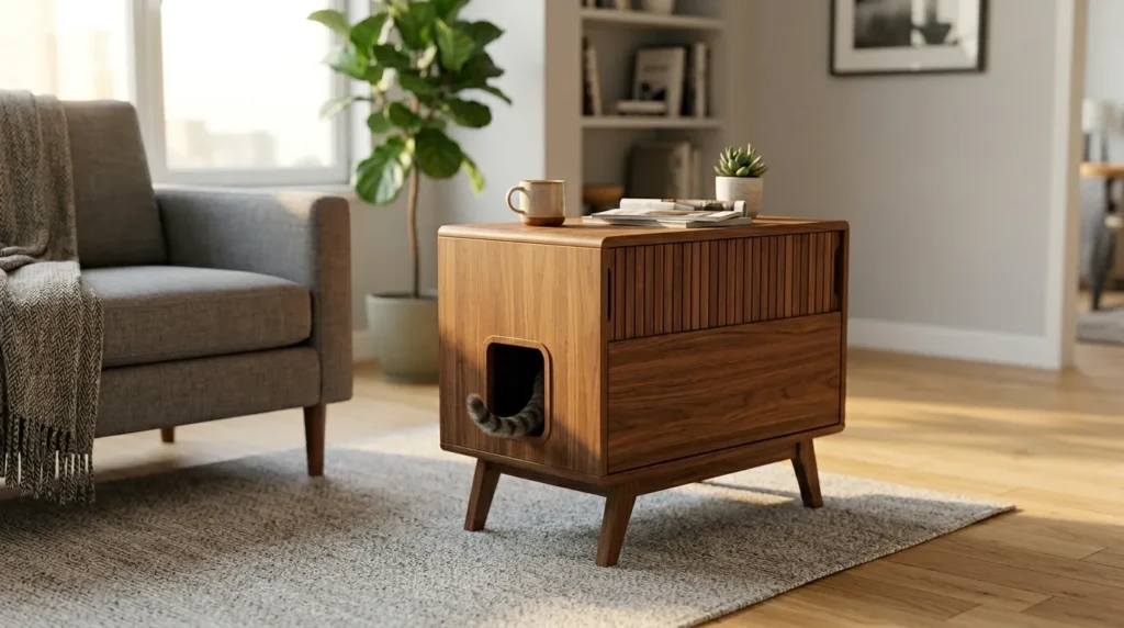 hide litter box small apartment — cat using a furniture-style litter box enclosure that looks like a side table in an apartment living room