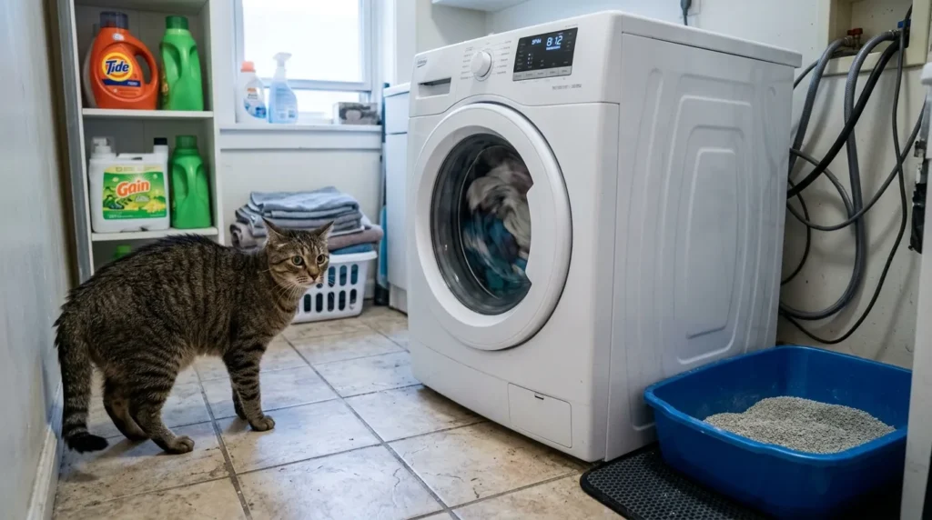 litter box placement mistakes apartment — cat hesitating at a litter box placed next to a noisy washing machine in a small apartment laundry area