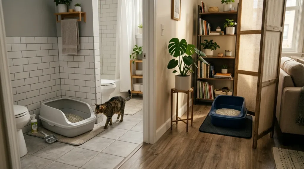 multiple litter boxes small apartment — two clean litter boxes placed in separate rooms of a compact apartment for multi-cat household