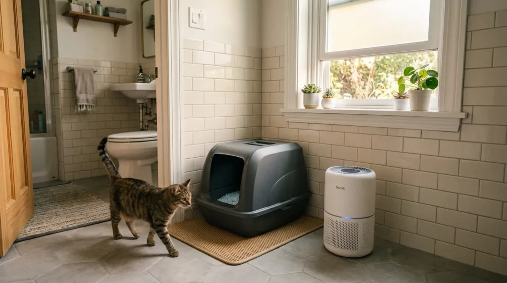 litter box odor control small apartment — air purifier and open window near a litter box in a compact apartment bathroom