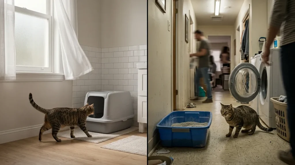 litter box placement matters indoor cat — cat approaching litter box confidently in a quiet low-traffic apartment bathroom