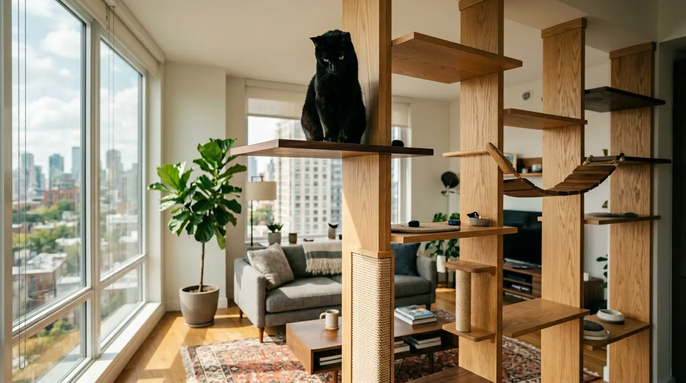 why do cats like to sit up high — black cat on highest shelf of cat wall in modern apartment looking down with authority