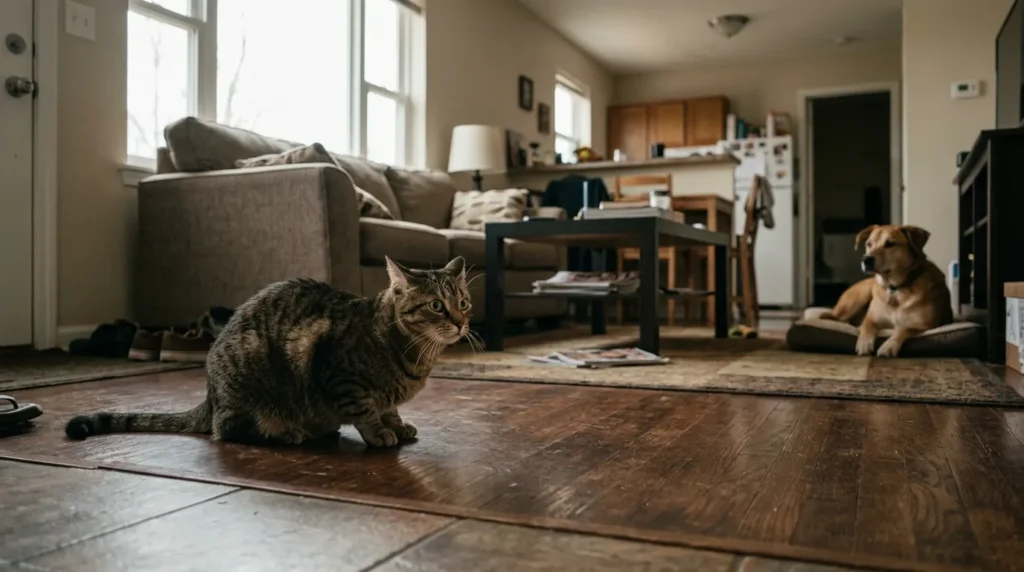 cats need high positions mistake — anxious cat on apartment floor with no elevated options and dog visible nearby