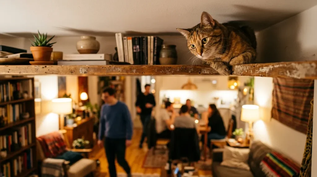 cat high perch stress relief — cat peering calmly over edge of high shelf watching active apartment below