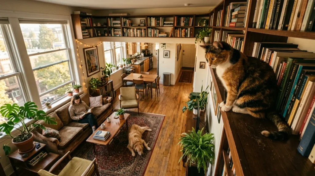 why cats like to sit up high predator prey biology — cat on high apartment bookshelf with full room visible below