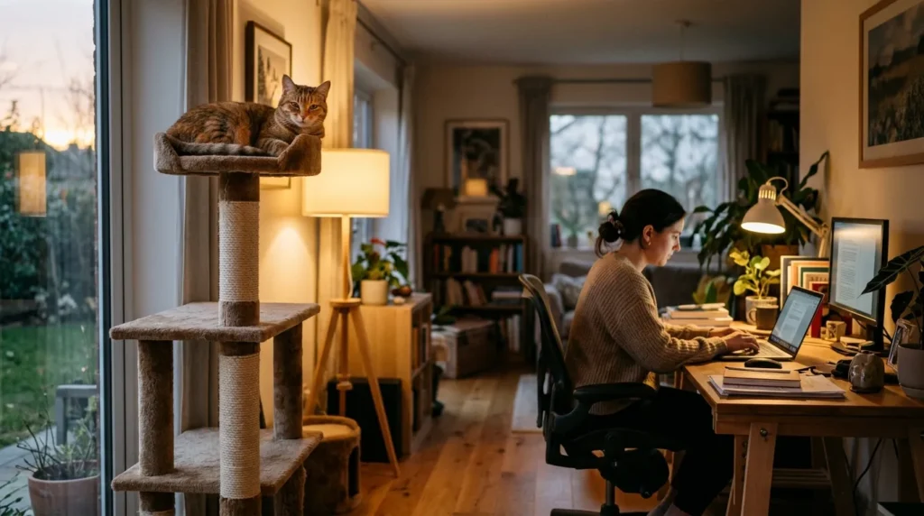 cats like to sit up high for social observation — cat on high platform watching owner work from distance across apartment