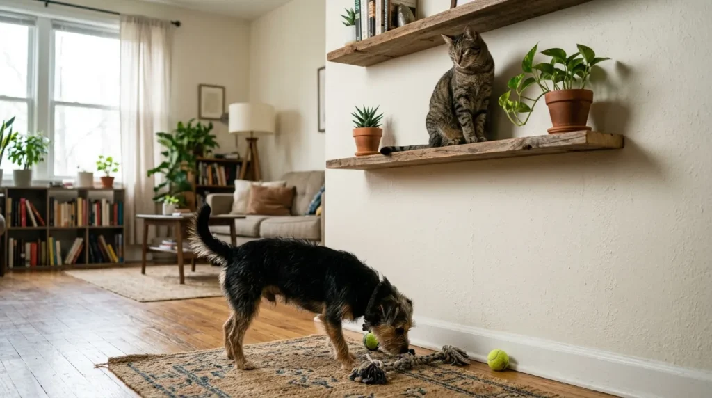 cats like to sit up high for stress relief — cat on wall shelf looking down calmly at dog on apartment floor below