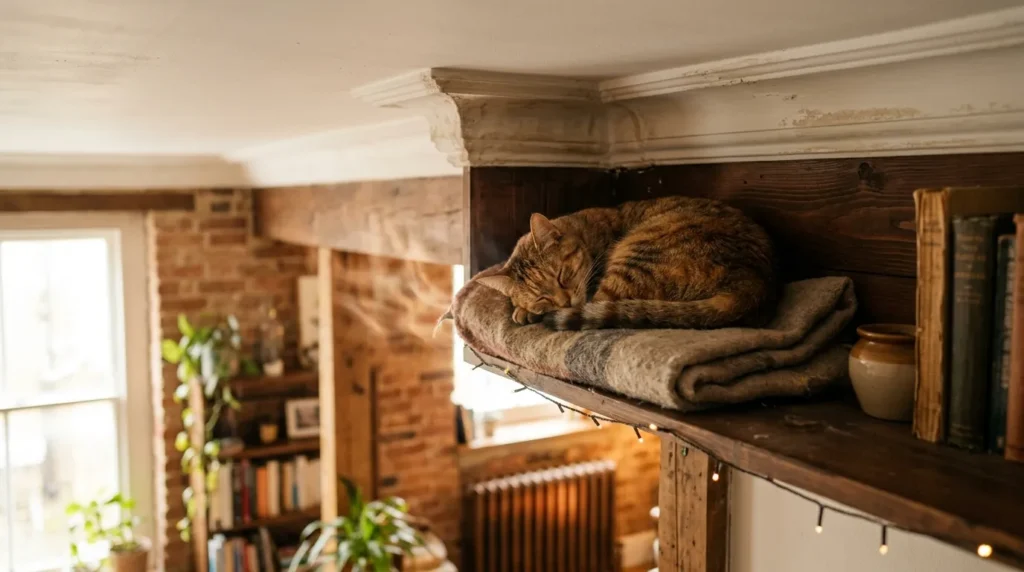 cats like high positions for warmth — cat sleeping deeply on high apartment shelf where warm air rises