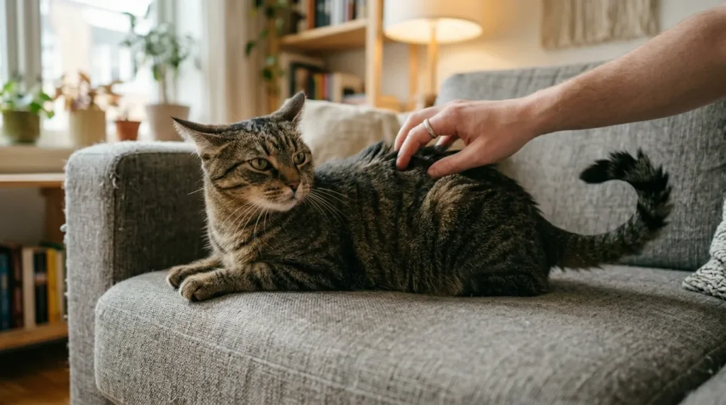 cat body language before biting — cat showing tail twitch and ear rotation during petting in apartment
