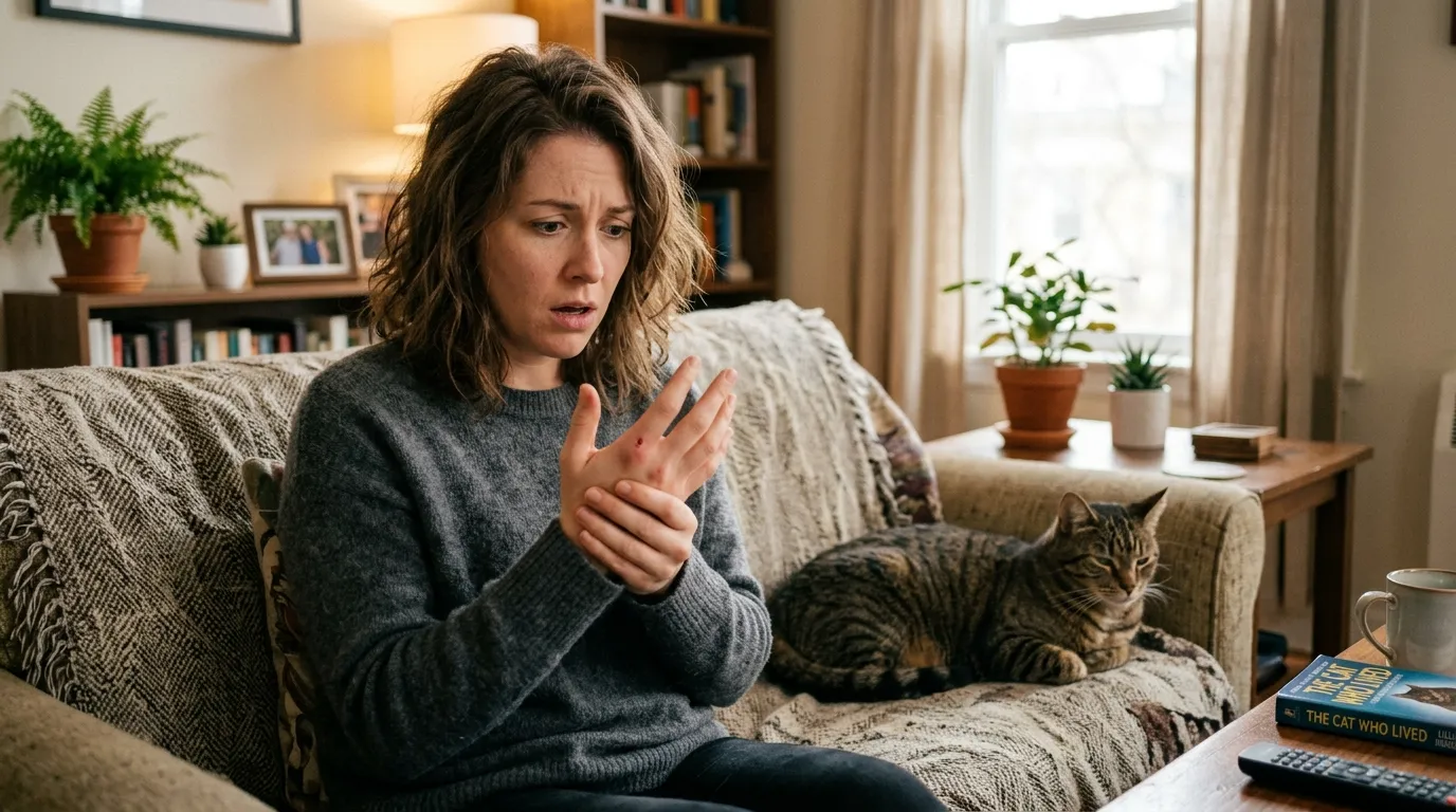 why does cat bite me for no reason — owner looking surprised at hand after cat bit during petting on couch