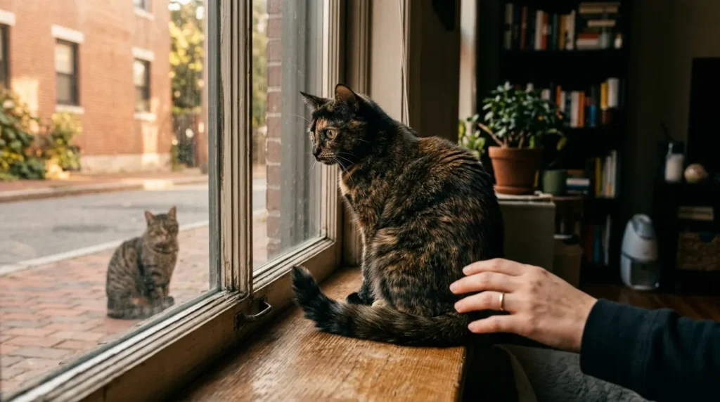 indoor cat biting trigger — cat in high arousal state watching stray through apartment window
