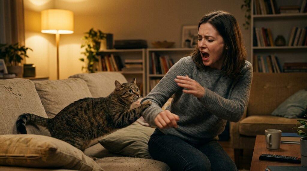 cat biting mistake — owner reacting strongly to bite causing cat to escalate in apartment 