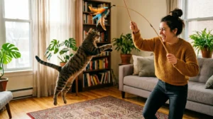 active play to stop cat biting — owner playing feather wand with leaping tabby cat in apartment living room 