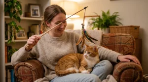 redirecting cat biting with toy — owner using wand toy instead of hands with cat in apartment