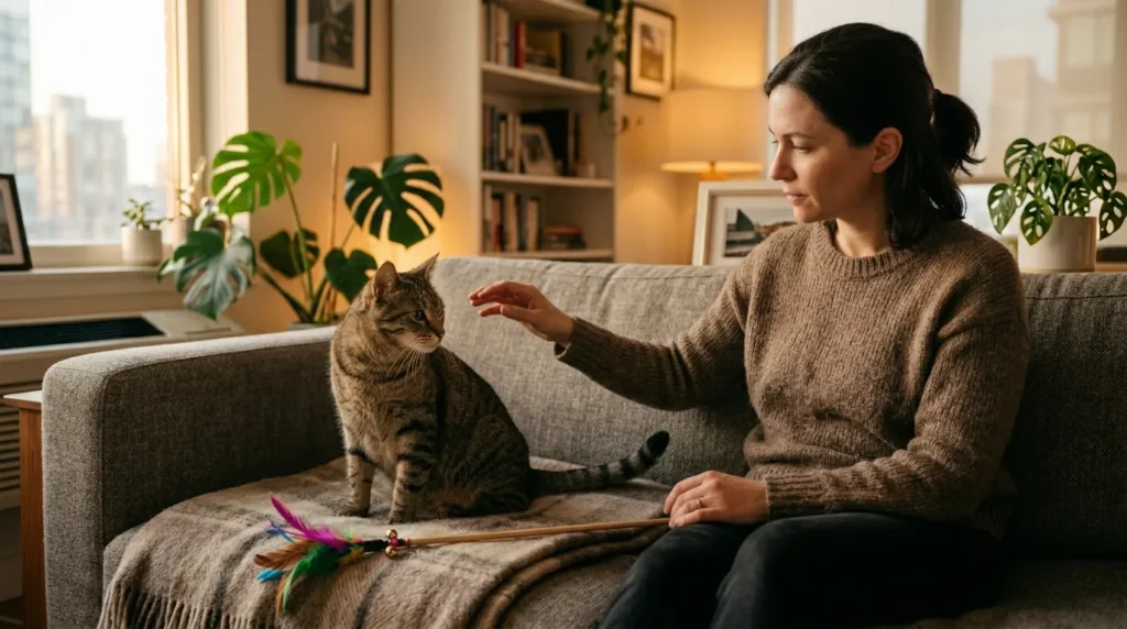 stopping cat biting during petting — owner withdrawing hand calmly after noticing tail twitch in apartment