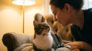 cat social referencing behavior — cat making direct eye contact with owner seeking behavioral cues in apartment 