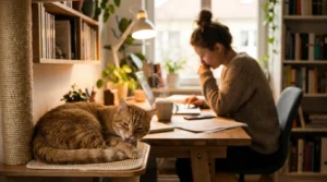 healthy cat attachment independence — cat grooming calmly on cat tree while owner works nearby in apartment