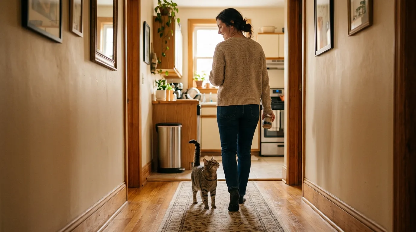 why does cat follow me everywhere — cat following owner closely down apartment hallway with tail raised
