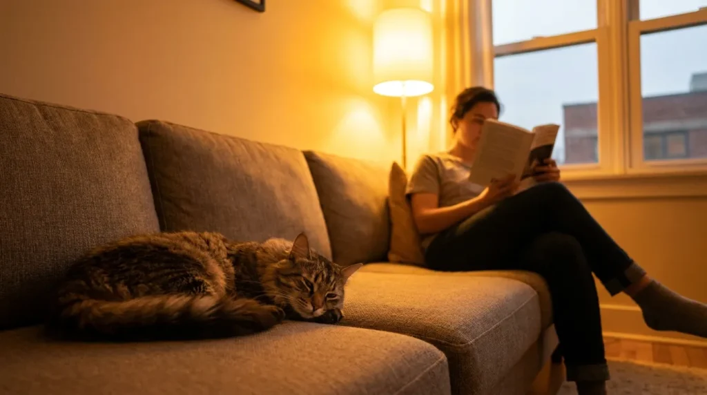 cat oxytocin proximity following owner — cat sitting close but not touching owner on apartment couch