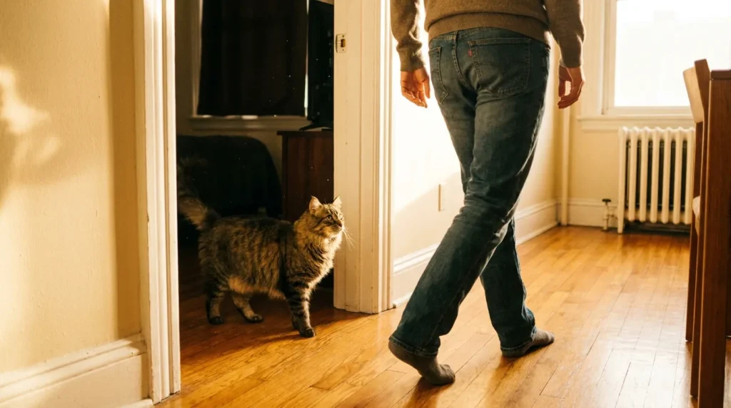  cat territorial patrol following owner — cat walking beside owner through apartment checking each doorway