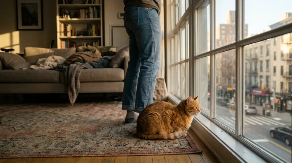cat safe base theory following owner — cat sitting securely beside owner's feet near apartment window