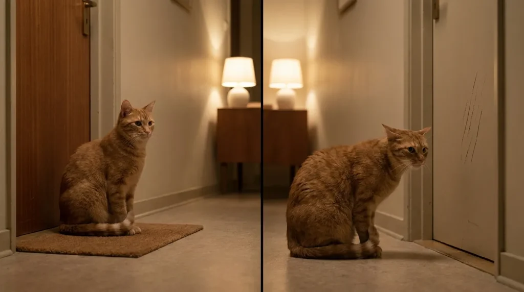 cat separation anxiety at door — anxious cat sitting at closed apartment door showing distress when owner leaves