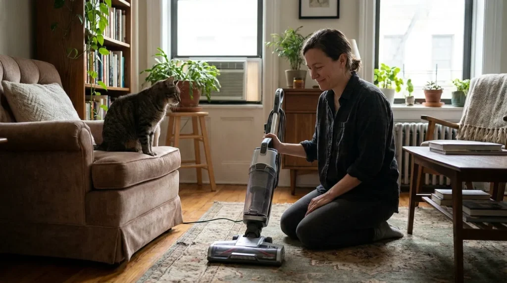 cat social referencing following owner — cat watching owner's face to gauge safety near vacuum in apartment