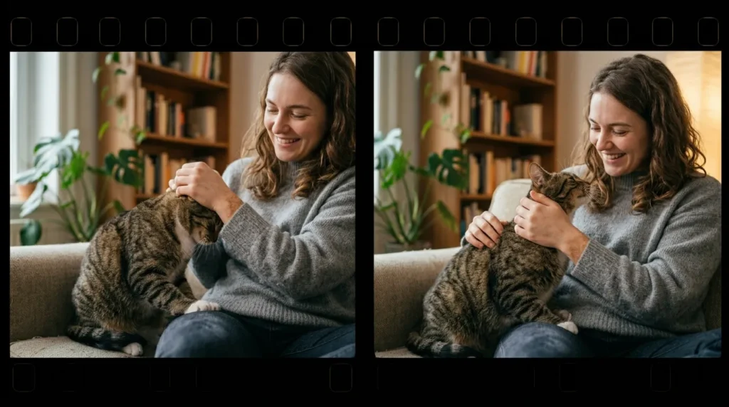 cat colony scent bunting owner — cat alternating headbutt and face rub on owner's arm creating shared scent 