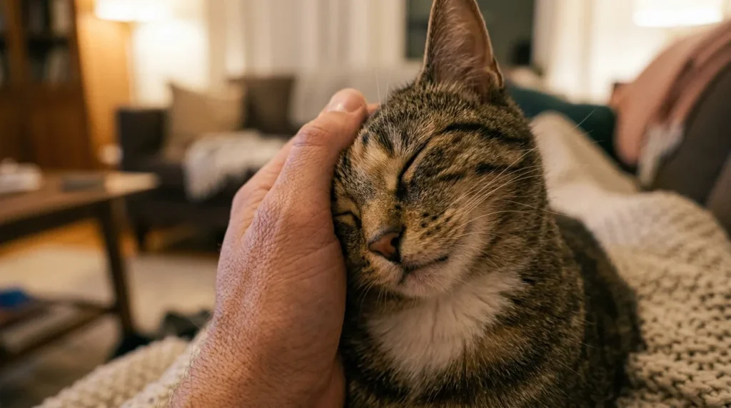 why does cat headbutt me glands — close up of cat pressing temporal gland above eye against human hand