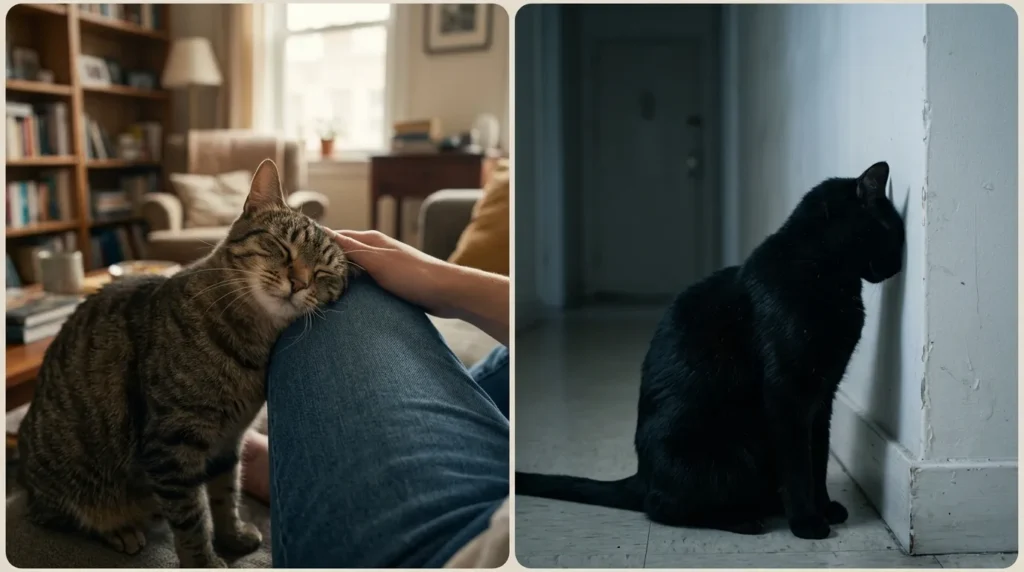 cat headbutt vs head pressing medical warning — normal bunting beside compulsive wall pressing showing neurological distress