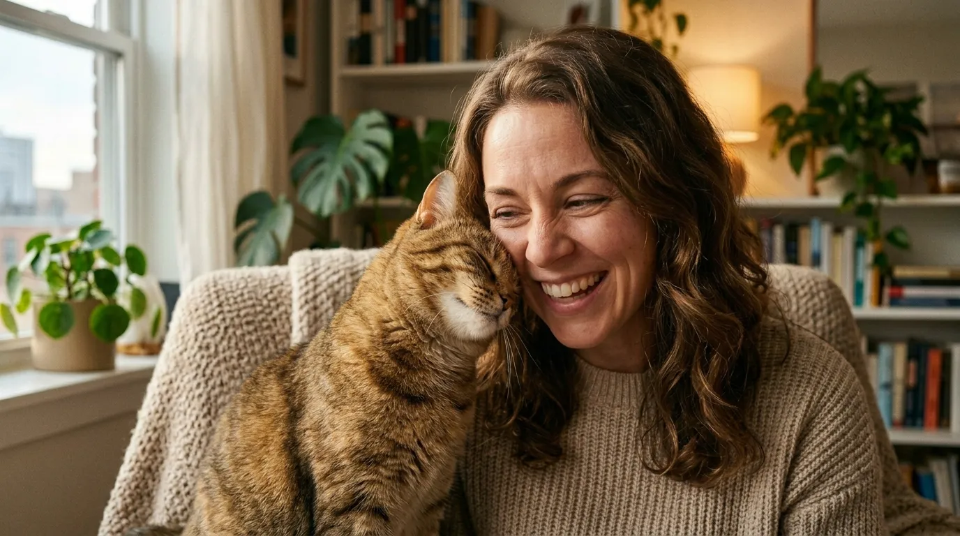 why does cat headbutt me — cat pressing forehead against owner's cheek in warm apartment with both looking content