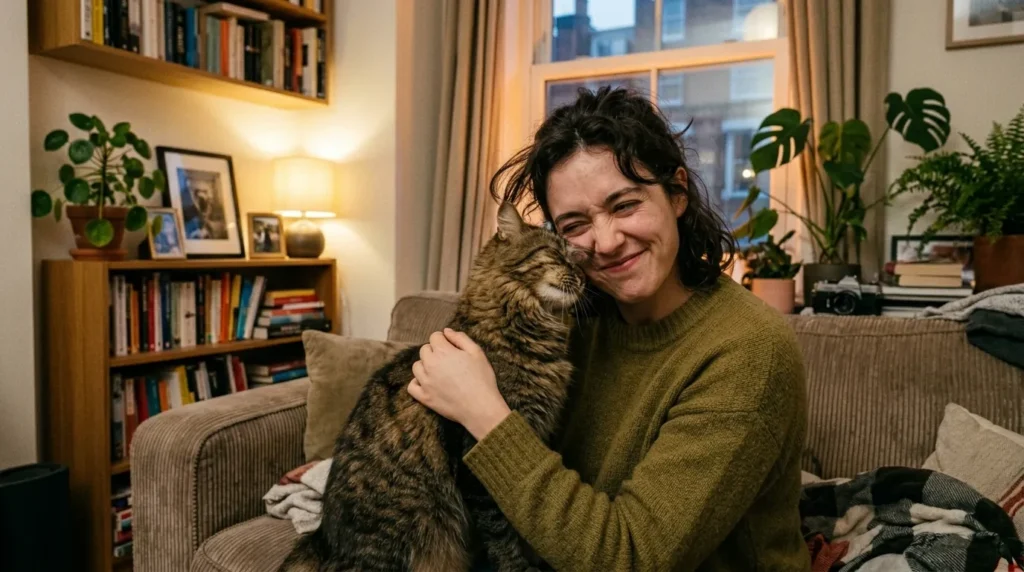 indoor apartment cat headbutt intensity — cat pressing forcefully against owner's face in small apartment