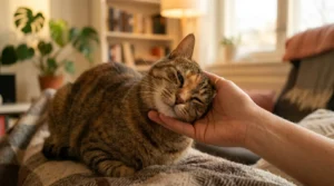 cat trust signal after headbutt — cat doing slow blink directly after pressing head against owner's hand