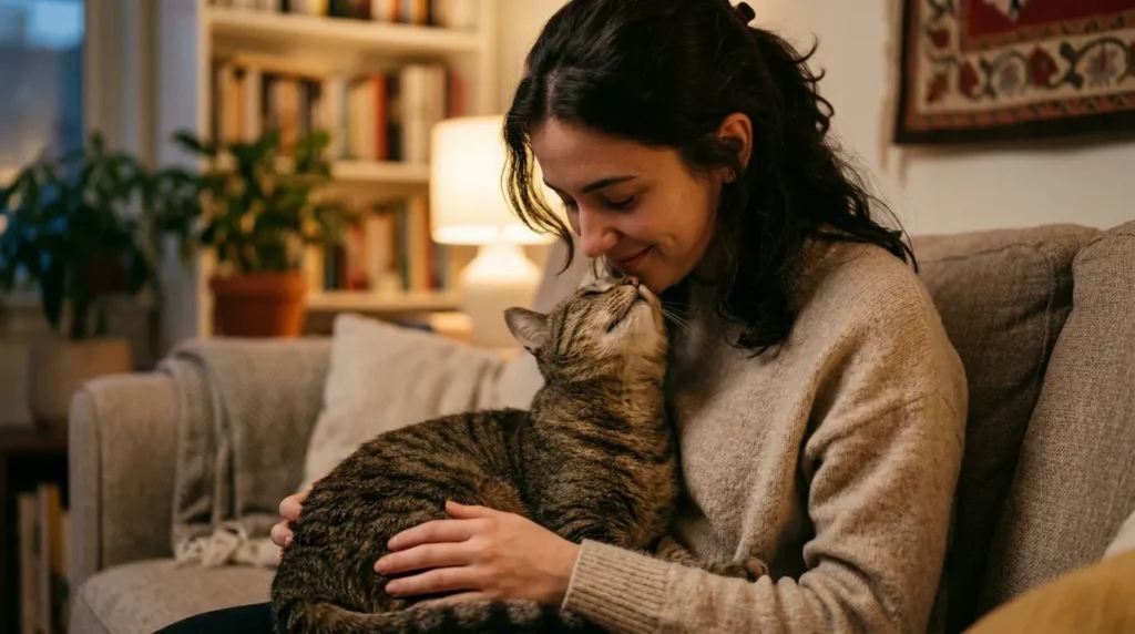 cat headbutt vulnerability trust signal — cat pressing top of head against person's chin in apartment 