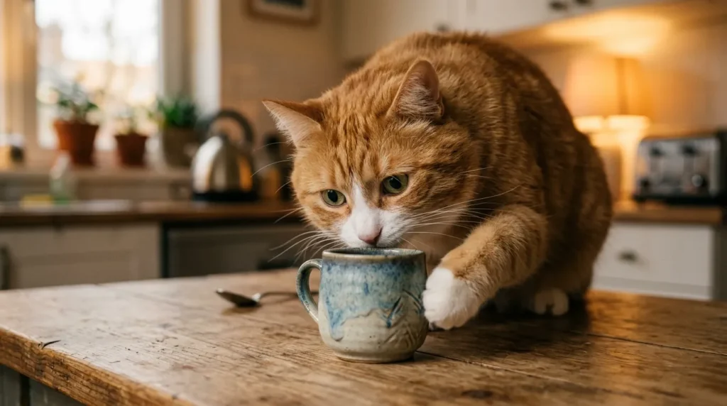 cat near field blind spot knocking things — cat with nose close to object on table unable to see it beneath chin