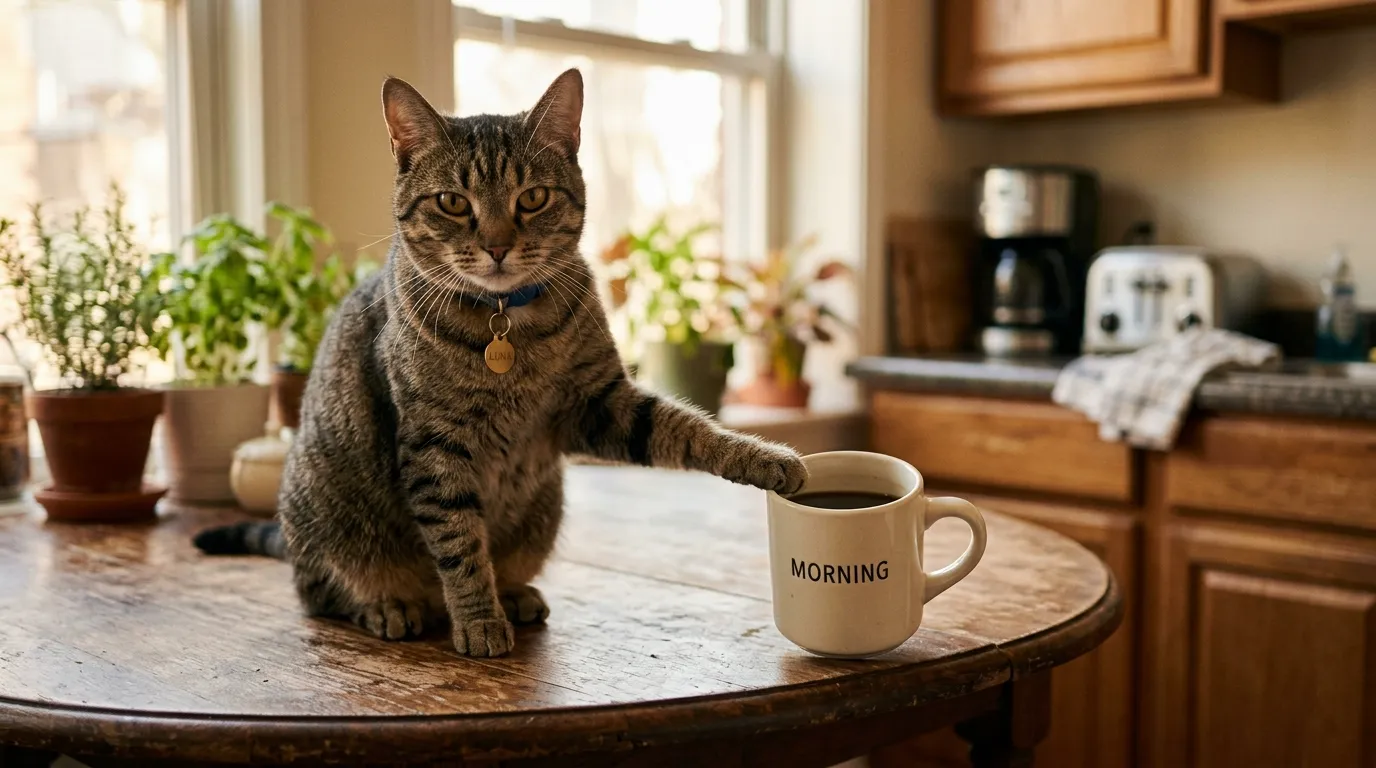 why does cat knock things off tables — cat sitting on apartment table with paw on ceramic mug about to push it