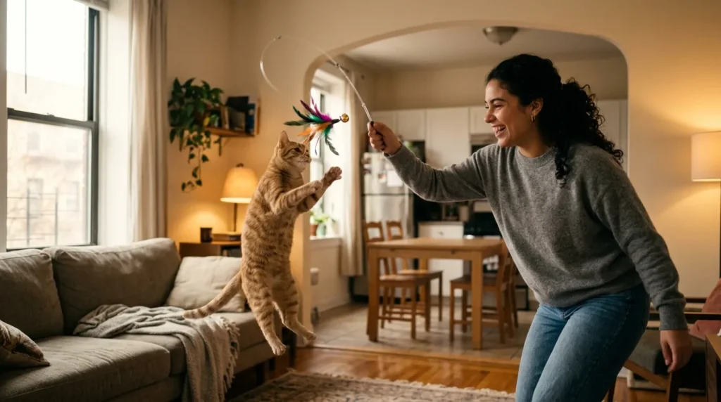 stopping cat knocking things off tables — owner playing feather wand with cat in apartment with clear table visible