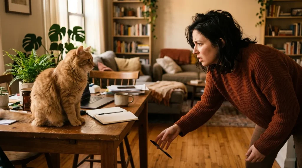 mistake that makes cat knock things off tables worse — owner reacting dramatically while cat watches interested 