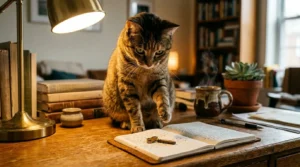 cat sensory investigation before knocking — cat with paw raised examining small object on apartment desk