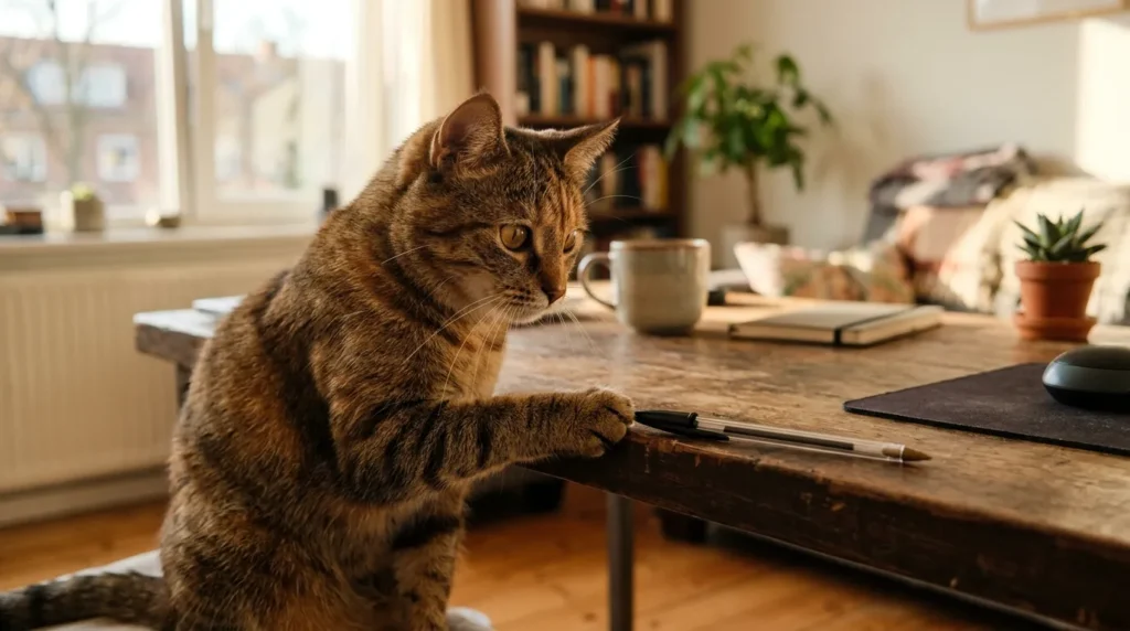 feline predatory drive knocking things off tables — cat touching pen with focused paw on apartment desk
