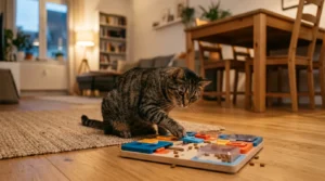 cat puzzle feeder enrichment to stop table knocking — cat working puzzle feeder on apartment floor with clear table visible