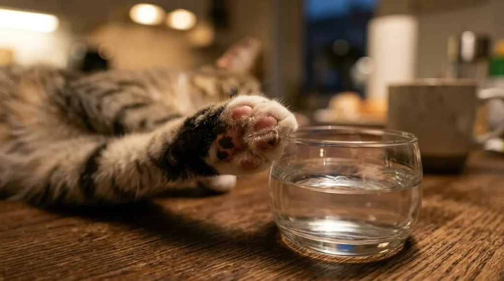 cat tactile exploration paw pads — close up of cat paw touching glass on apartment table during sensory investigation 