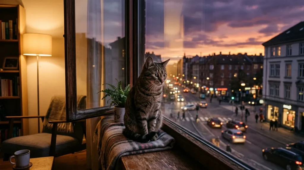 cats crepuscular not nocturnal — cat alert on windowsill during dusk with purple orange sky outside apartment