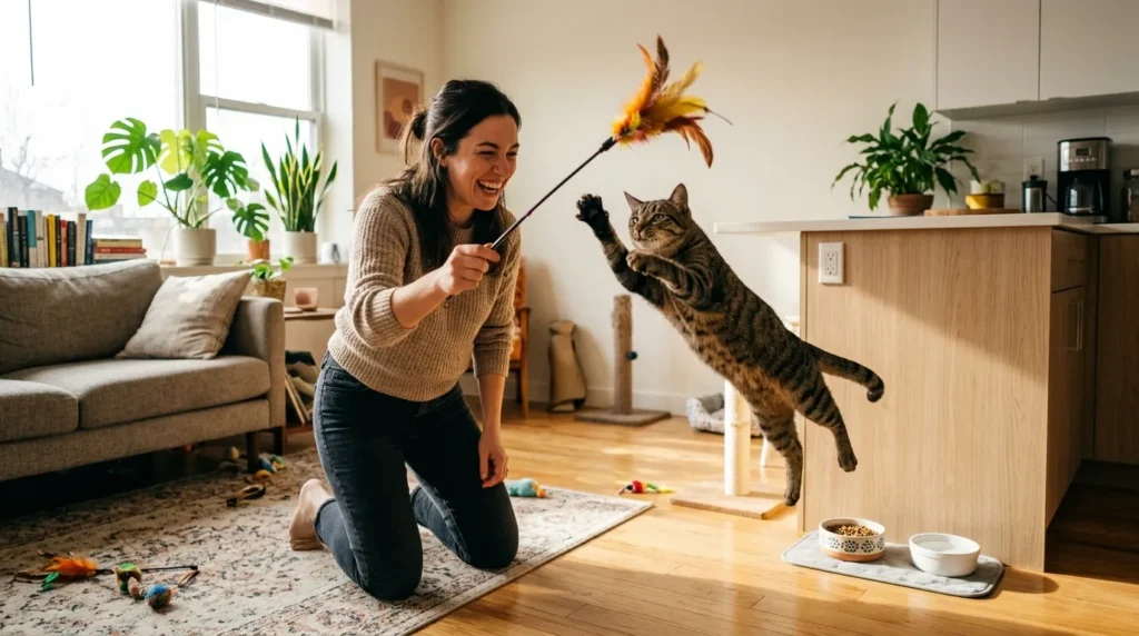 how to stop cat running at night — owner doing vigorous feather wand play with cat before evening meal in apartment