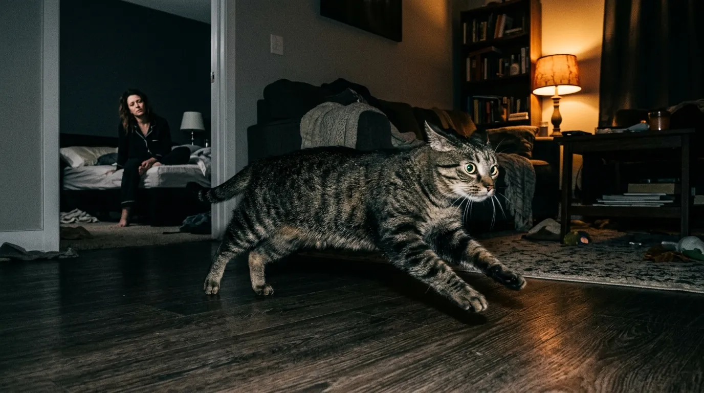 why does cat run around at night — cat sprinting across dark apartment at full speed with owner visible in background