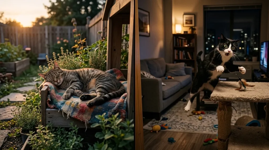 indoor cat nighttime energy vs outdoor — satisfied outdoor cat beside wide-eyed energized indoor apartment cat at night